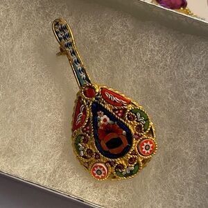 Vintage Italy Golden Micro Mosaic Mandolin Guitar Millefiori Brooch Pin